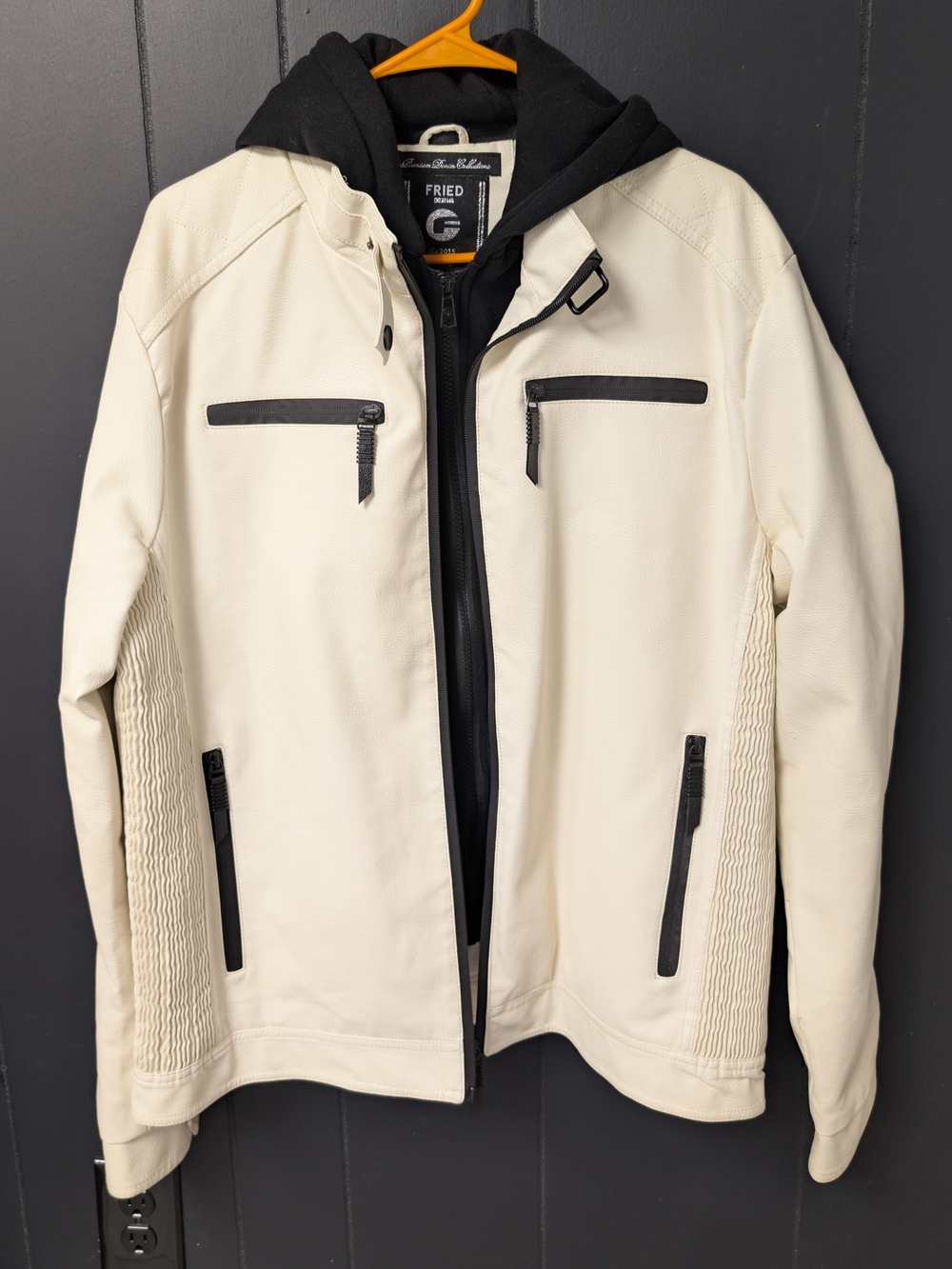 Fried Denim Men’s Cream Faux Leath Jacket with Black Trim